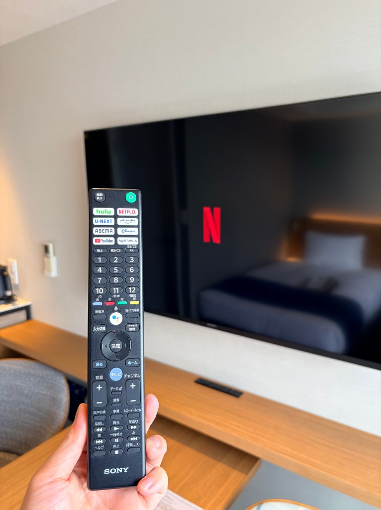 A close-up of a hand holding a TV remote with dedicated buttons for Netflix, Prime Video, and YouTube, with the Netflix logo visible on the TV screen in the background.