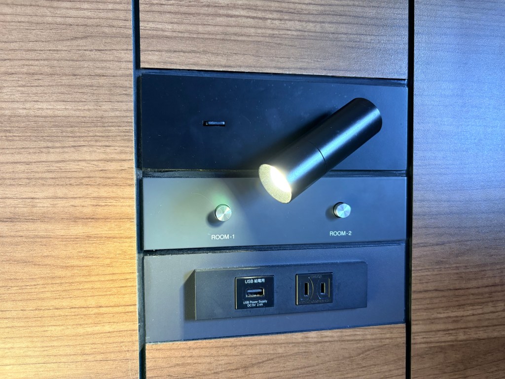 Close-up of a bedside panel featuring a black reading light, light switches, a USB port, and a standard power outlet.